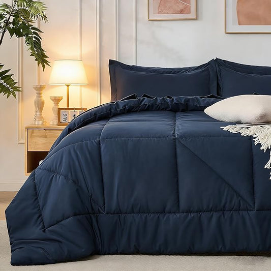 7 Pieces King Comforter Set - Utral Soft Microfiber Bedding Set, Thick Duvet Insert Bed in a Bag Without Rustling Noise for All Season, Navy (102"x90")