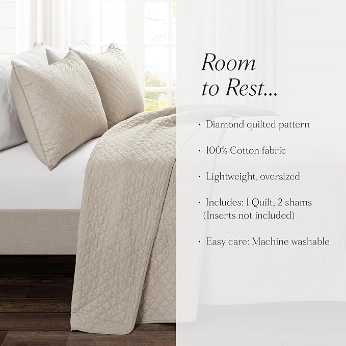 Lush Decor Ava Quilt Diamond Pattern Solid 3 Piece Oversized Bedding Blanket Bedspread Set - Full/Queen - Neutral