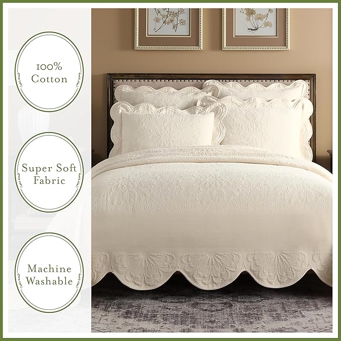 Charleston Estate Modern Farmhouse Floral Matelasse Bedspread with Scalloped Edges, 100% Cotton Breathable Bedding, Full/Queen, Ivory Floral