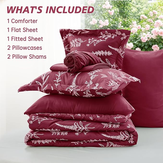 MUXHOMO Burgundy Bed in a Bag King 7 Pieces, King Comforter Set Reversible Botanical Flowers Design, Ultra Soft & Breathable Bedding Sets with Comforter, Sheets, Pillowcases & Shams