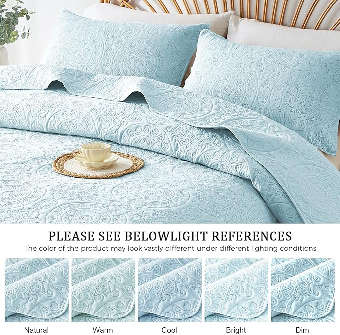 WURUIBO Sky Blue Quilt Set Queen Size, Embossing Microfiber Full Bedspreads with Pillow Sham, Ligthweight Breathable Thin Coverlet, Reversible Bedding Set for All Season (1 Quilt, 2 Pillow Shams)
