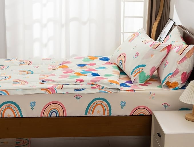 Meeting Story 3pcs Kids Comforter Sets Zipper Bedding Set for Girls,Twin Kid Bedding Set Rainbow Comforter Flower Bedding for Kid,All in one Zipper Bedding（Beige,Twin）