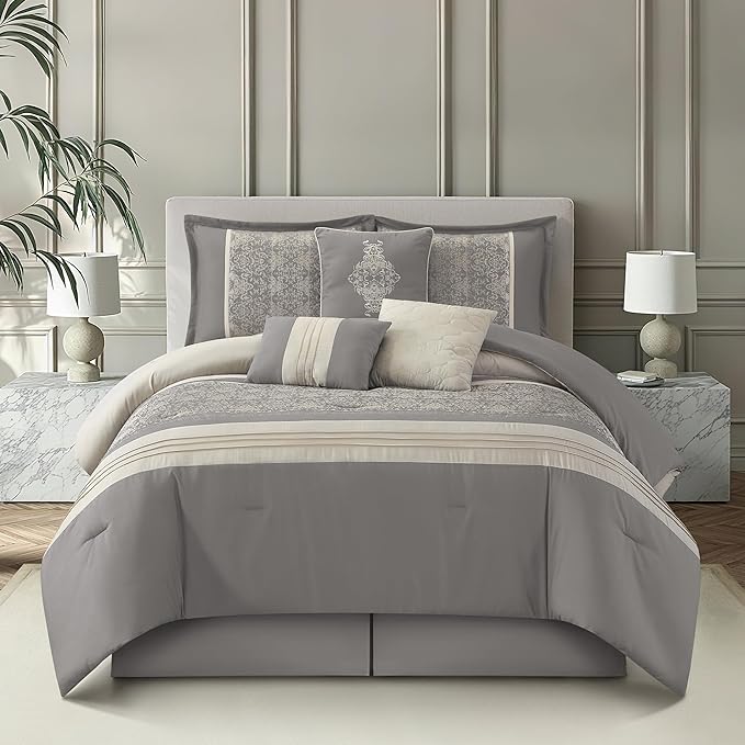 Grand Avenue 7 Piece Grey Comforter Set King Size, Damask Jacquard Home Decor, Matcking Bed Skirt,Decorative Pillows & Shams, Suitable for All Season