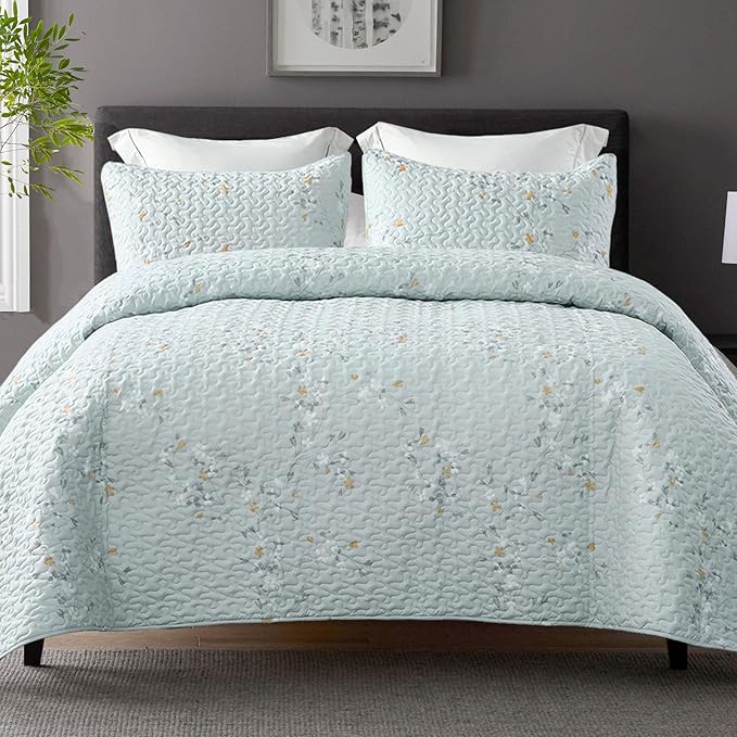 Exclusivo Mezcla Reversible Boho Quilts King Size, Aqua Bedspreads Lightweight Coverlet All Season Flowers Quilt Bedding Set with Printed Floral Pattern (1 Quilt, 2 Pillow Shams)