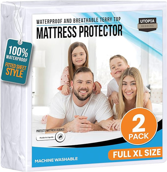 Utopia Bedding Waterproof Mattress Protector Full XL Size 2 Pack, Premium 200 GSM Terry Mattress Cover, Soft & Breathable Bed Cover, Fitted Sheet Style with Stretchable Deep Pockets 15" (White)