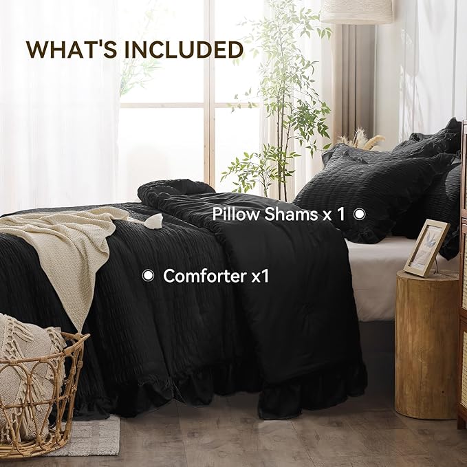 JOLLYVOGUE Black Twin Size Comforter Set, 2 Pieces Seersucker Lightweight Fluffy Bedding Set, Twin Ruffle Comforter, All Season Soft Microfiber Shabby Chic Bed Set