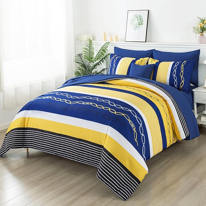 8 Pieces Bed in a Bag Stripe Comforter Set Queen Size,Patchwork Striped Comforter with Sheets Set Soft Microfiber Boho Bedding Sets (Blue Yellow)