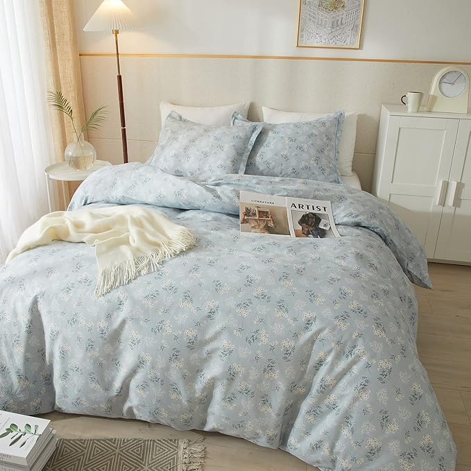 HighBuy Boho Floral Duvet Cover Full Cotton Aesthetic Blue Floral Full Comforter Cover Set Lightweight Soft Garden Style Bedding Set Full Duvet Cover Set Zipper Closure Breathable Full
