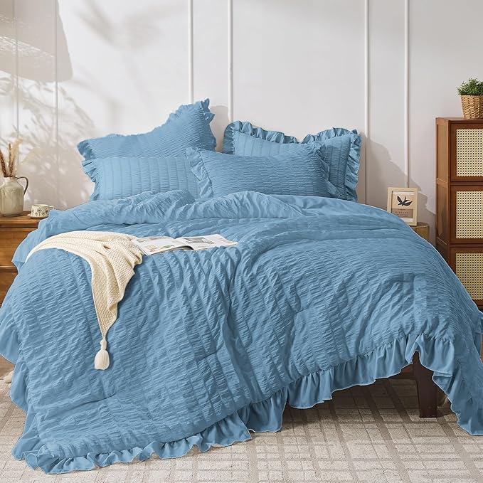JOLLYVOGUE Twin Size Comforter Set, 2 Pieces Sea Blue Seersucker Lightweight Fluffy Bedding Set, Twin Ruffle Comforter, All Season Soft Microfiber Shabby Chic Bed Set