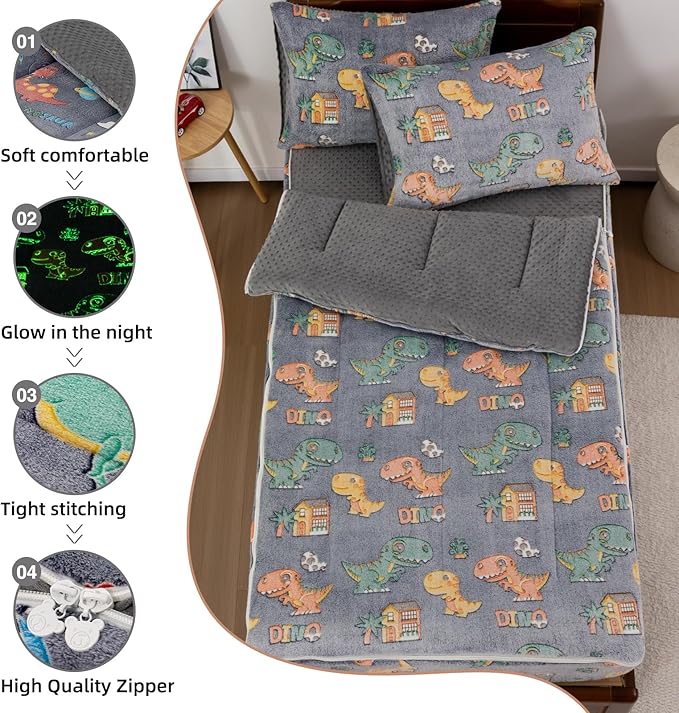 A Nice Night Cute Baby Dinosaur Printed Plush Zippered Comforter Set,Zipper Bedding Glow in The Dark for Child, Twin
