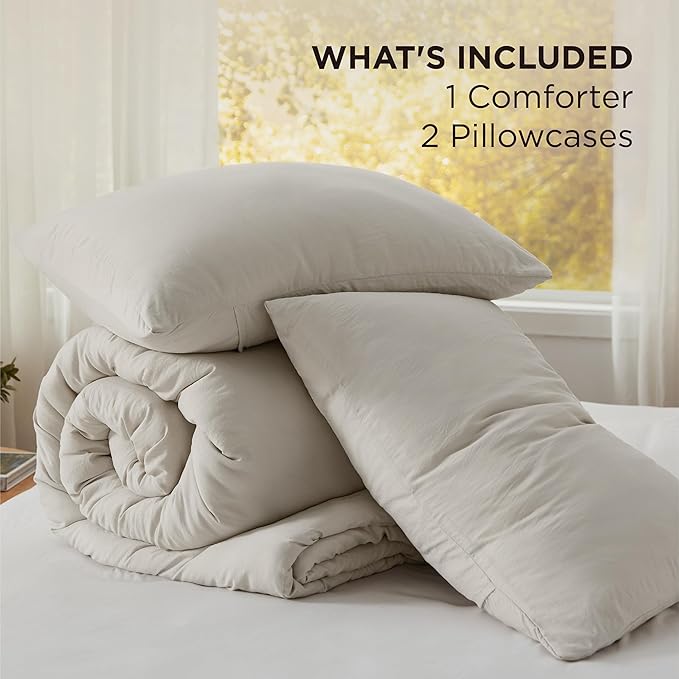 Bedsure Oversized Queen Comforter Set, Beige Soft Prewashed Bedding for All Seasons, 3 Pieces GentleSoft™ Bed Set, 1 Lightweight Comforter (98"x98") and 2 Pillowcases (20"x26")