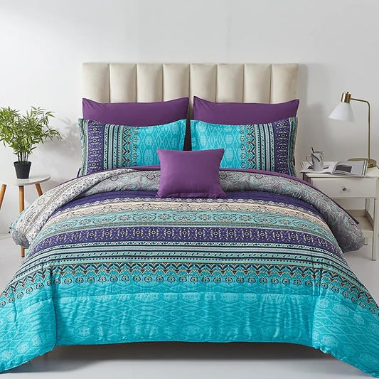 Cottolester Boho Comforter Set Queen Size 8 Piece Bed in a Bag Bohemian Striped Bedding Quilt Set Aqua Paisley Floral Comforter and Sheet Set,Soft Microfiber Complete Bedding Sets for All Season
