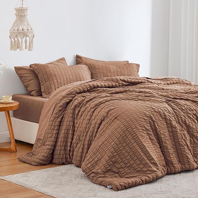Love's cabin Seersucker Mocha Mousse California King Comforter Set, 7-Piece All Season Lightweight Bed in a Bag Bedding Set with Comforter, Flat Sheet, Fitted Sheet, Pillowcases and Shams | Soft, Breathable, Lightweight