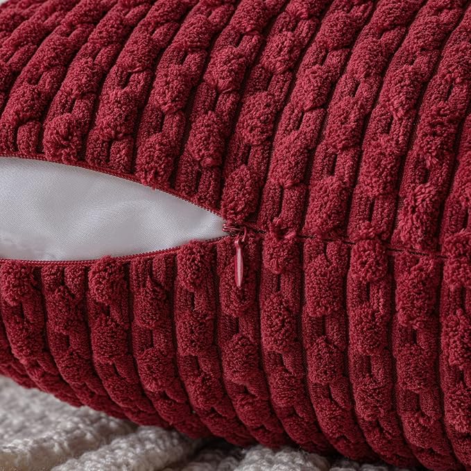 MIULEE Wine Red Throw Pillow Covers Soft Corduroy Decorative Set of 2 Boho Striped Pillow Covers Pillowcases Farmhouse Home Decor for Couch Bed Sofa Living Room 18x18 Inch