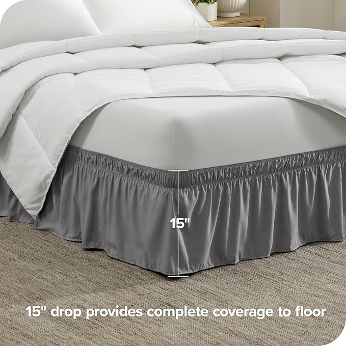 Bare Home Wrap Around Bed Skirt - for Twin Size Beds with 15 inch Tailored Drop - Easy Fit Elastic Strap - Adjustable and Ruffled Style - Wrinkle, Fade, and Stain Free (Twin, Light Grey)