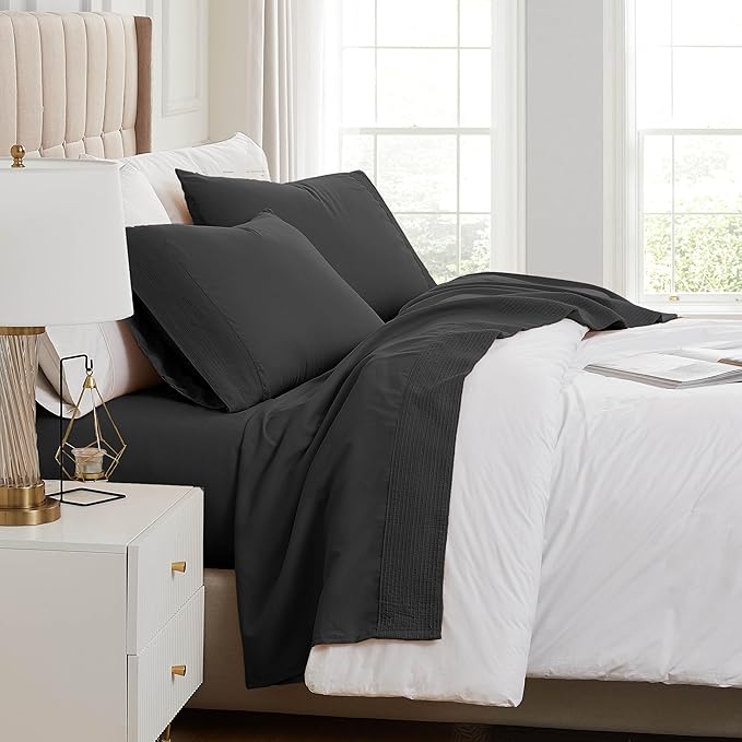 SouthShore Fine Living Vilano Pleats, 3-Piece, 21-Inch Extra Deep Pocket Sheet Set, Twin XL Sheets with Flat Sheets and Pillowcase, Easy Care and Shrinkage-Free Deep Pocket Sheets, Sheet Set, Black