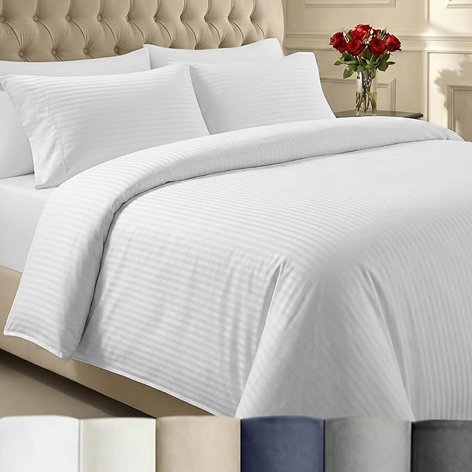 California Design Den King Size Duvet Cover Set, Premium 400 Thread Count 100% Cotton Sateen, Soft Sateen Weave Comforter Cover, Button Closure (Striped White, King)