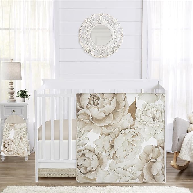 Sweet Jojo Designs 4-Piece Baby Crib Bedding Set (Boho Shabby Chic Floral) for Girls, Infants/Nursery incl. Blanket, Fitted Sheet, Skirt, Diaper Stacker (Taupe, Bohemian, Vintage, Garden, Watercolor)