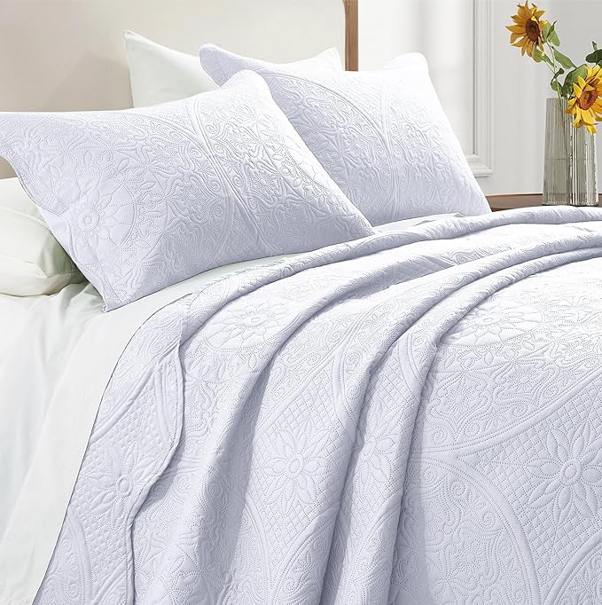 IR Imperial Rooms California King Quilt Bedding Set Size (118"x106") + 2 Pillow Shams (20" x 36"+ 2") - 3 Pcs All Season Reversible Microfiber Coverlet Embossed Floral Quilt Bedspread (White)