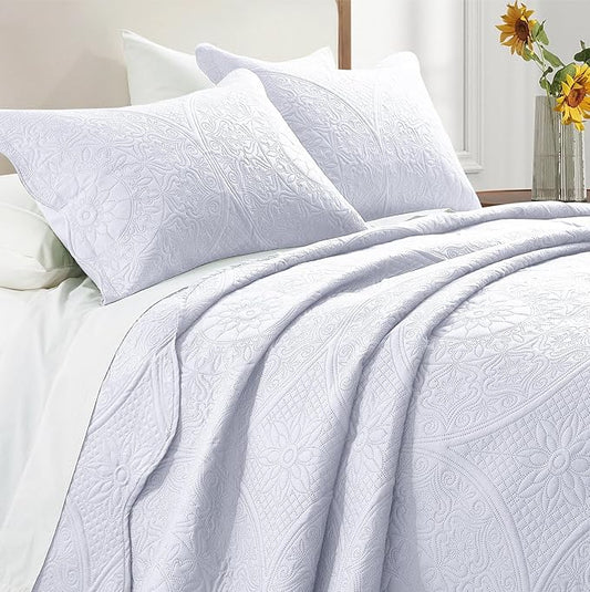IR Imperial Rooms California King Quilt Bedding Set Size (118"x106") + 2 Pillow Shams (20" x 36"+ 2") - 3 Pcs All Season Reversible Microfiber Coverlet Embossed Floral Quilt Bedspread (White)