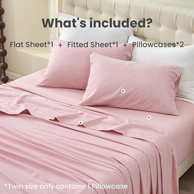 Simple&Opulence Belgian Linen Sheet Set Solid Color - 4 Pieces (1 Flat Sheet & 1 Fitted Sheet & 2 Pillowcases) Natural Flax Cotton Blend Soft Bedding Breathable Farmhouse - Pale Pink, Full Size