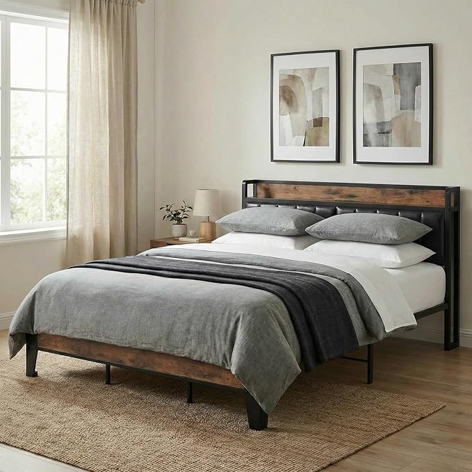 LIKIMIO California King Bed Frame, Storage Headboard with Charging Station, Solid and Stable, Noise Free, No Box Spring Needed, Easy Assembly (Vintage and Black)