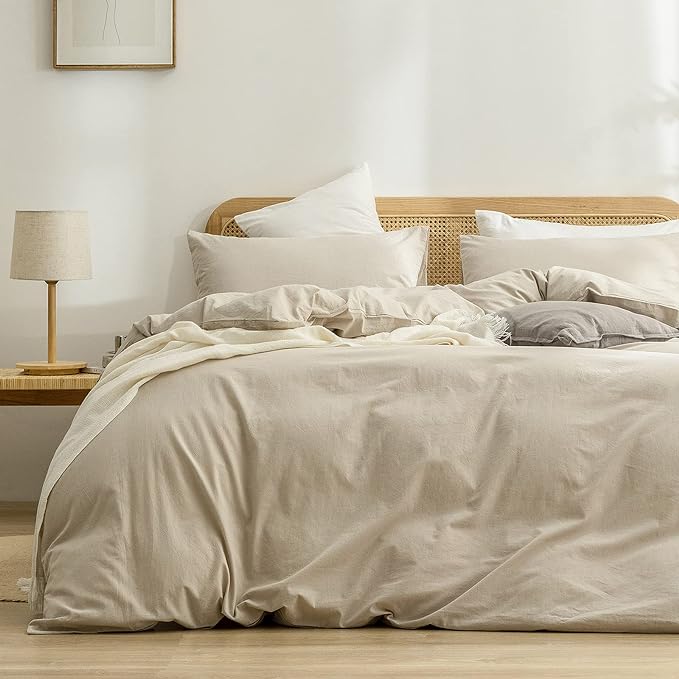 BESTOUCH Duvet Cover Set 100% Washed Cotton Linen Feel Super Soft Comfortable Chic Lightweight 3 PCs Home Bedding Set Solid Almond Milk Grey Cal King
