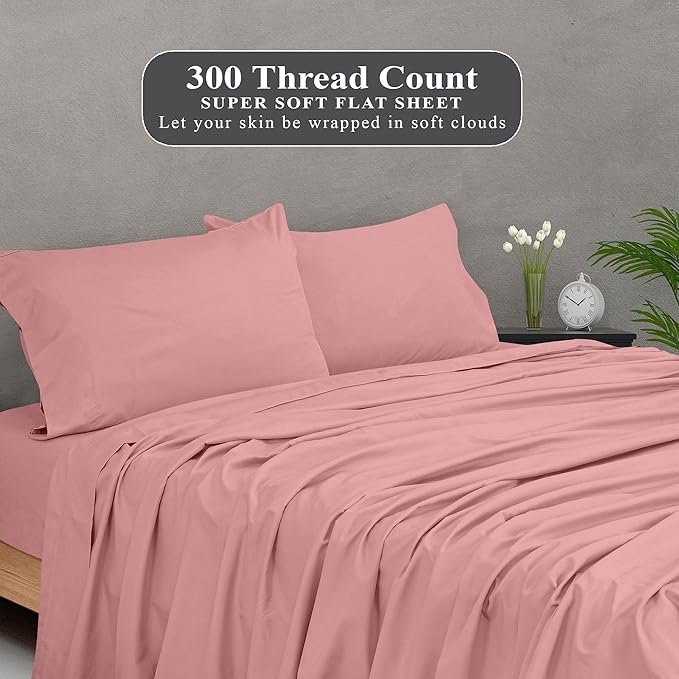 Royale Linens 300 Thread Count 100% Long Staple Combed Cotton Flat Sheet - Super Soft - Top Sheets - King Flat Sheet Sold Separately - Breathable, Cool & Crisp Percale Sheets Only (King, Pink)