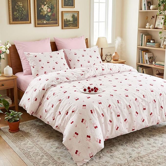 Nayoroom Pink Striped Bow Duvet Cover Queen Size Red Cherry Duvet Cover 3 Pieces Soft Lightweight Microfiber Girls Cute Aesthetic Dorm Bedding Set with Zipper Closure