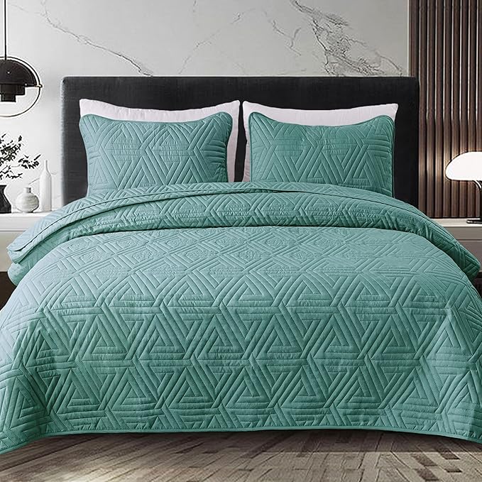 Whale Flotilla Soft Queen Size Quilt Set for All Seasons, 3-Piece Ultrasonic Geometric Quilts Bedding Set, Lightweight Reversible Bedspread, Coverlet, Bed Cover with 2 Pillow Shams, Turquoise Green