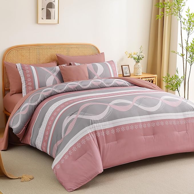 Anibedding Comforter Set King Size,8 Pieces Pink Boho Bed in a Bag Patchwork Striped Comforter Set, Soft Microfiber Bedding Set for All Season(104"×90")