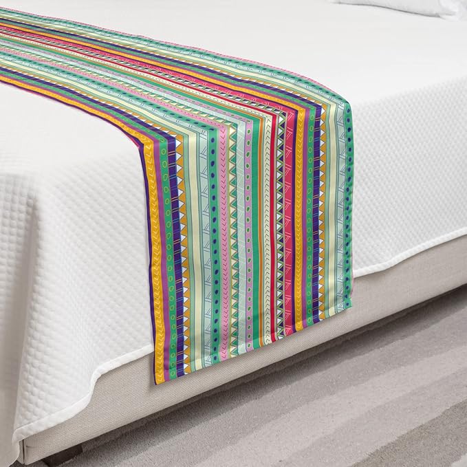 Lunarable Ethnic Bed Runner Set, Doodle Style Colorful Stripes with Circles Triangles and Arrow Timeless Art, Decorative Bedding Scarf and a Pillow Sham for Hotels Homes, Twin, Teal Magenta
