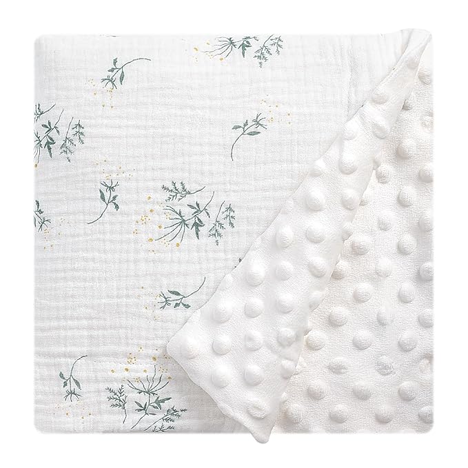 Cotton Muslin Front Fluffy-Backed Baby Swaddle Blankets Double Layer Nursery Plush Dotted Fleece Back Receiving Bed Quilt Blanket for Unisex Newborn Toddler Boys Girls 30 x 41 Inches