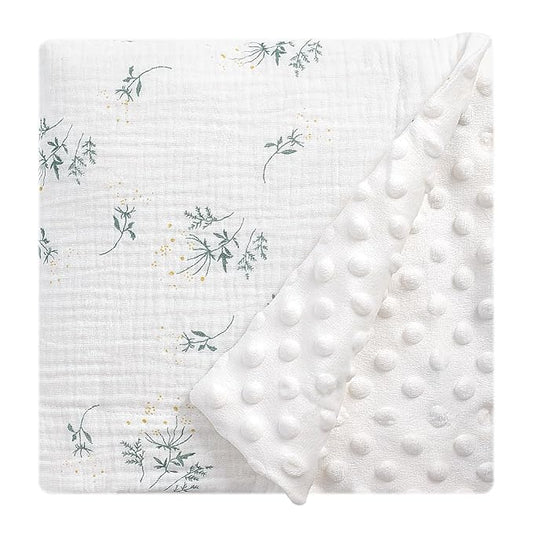 Cotton Muslin Front Fluffy-Backed Baby Swaddle Blankets Double Layer Nursery Plush Dotted Fleece Back Receiving Bed Quilt Blanket for Unisex Newborn Toddler Boys Girls 30 x 41 Inches