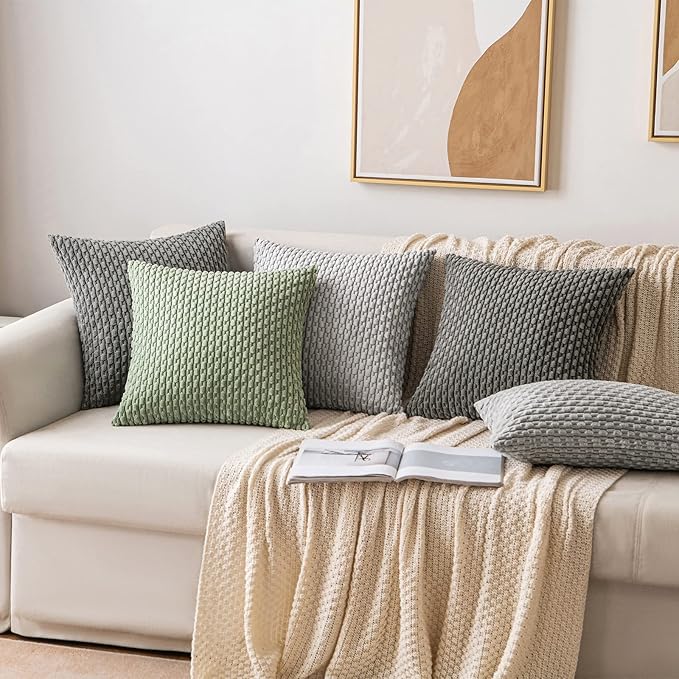 MIULEE Pack of 2 Decorative Throw Pillow Covers 16x16 Inch Soft Boho Striped Textured Corduroy Pillow Covers Modern Farmhouse Home Decor for Couch Bed Sofa Living Room Dark Grey
