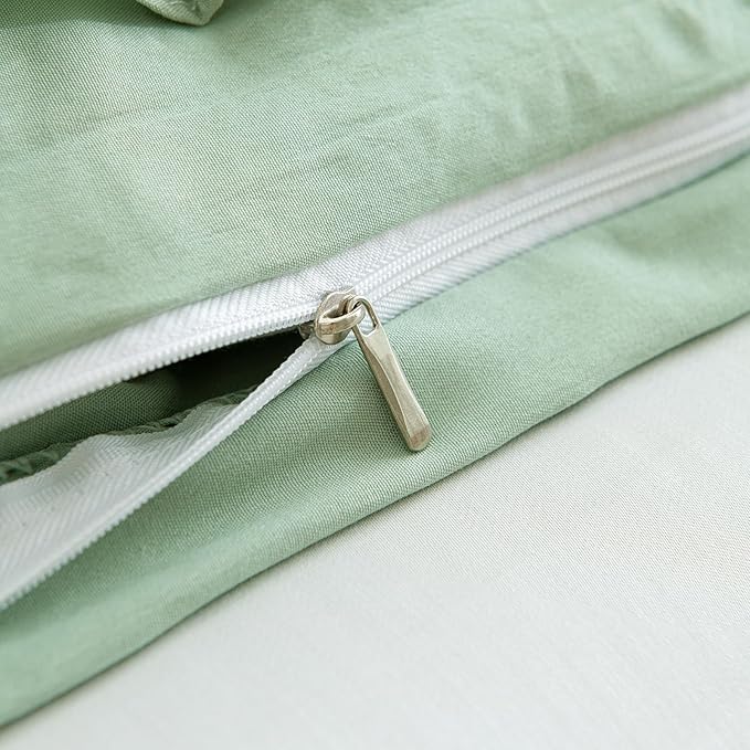 Bedorm Sage Green Ruffled Duvet Cover Queen Size Bedding Set Pleated Lace Ruffle Shabby Chic Bedroom Decor Extra Soft Cozy Farmhouse Country Style Duvet Cover Sets