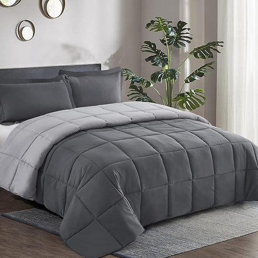 HIG 3pc Gray Twin/Twin XL Comforter Set - All Season Reversible Down Alternative Comforter with Two Sham - Quilted Duvet Insert with Corner Tabs - Box Stitched Blanket - Breathable, Soft