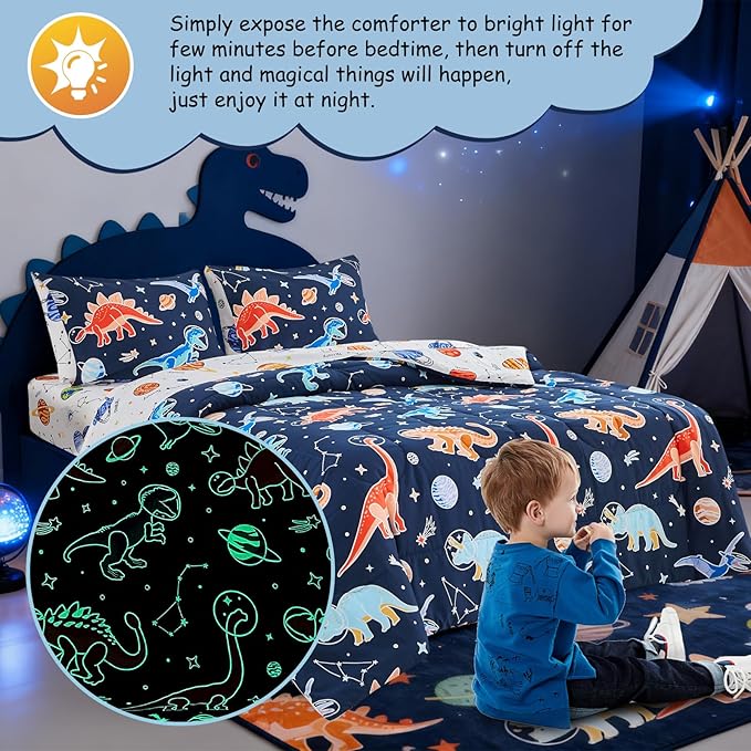 A Nice Night 5pc Glow in The Dark Kids Comforter Set,Dinosaur Galaxy Printed, Space Bedding Set Queen Size for Boys Girls Teen