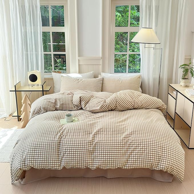 LifeTB Tan Gingham Comforter Set Twin XL Modern Style Beige Plaid Comforter Set 3 Pieces Soft Fluffy Grid Checkered Pattern Comforter with 2 Pillowcases Farmhouse Gingham Bedding Set Twin XL