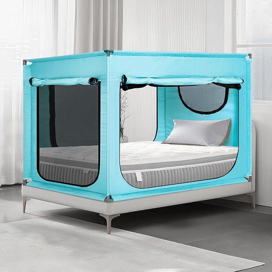 Twin Bed Canopy Portable Blackout Bed Tent Privacy Tent for Adult Indoor Sleeping with 3 Doors, Storage Bag, Teal