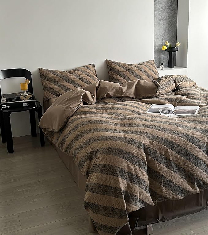 VM VOUGEMARKET Khaki Grey Striped Duvet Cover Queen Linen Cotton Bedding Set Jacquard Diagonal Stripes Duvet Cover Set Without Filling 90x90 Inch