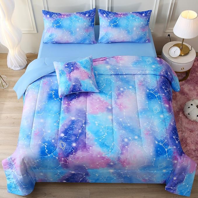 JQinHome Full Gradient Galaxy Comforter Set for Girls,6 Piece Bed in A Bag 3D Colorful Tie Dye Constellation Print Ombre Bedding Set with Sheets(Blue)