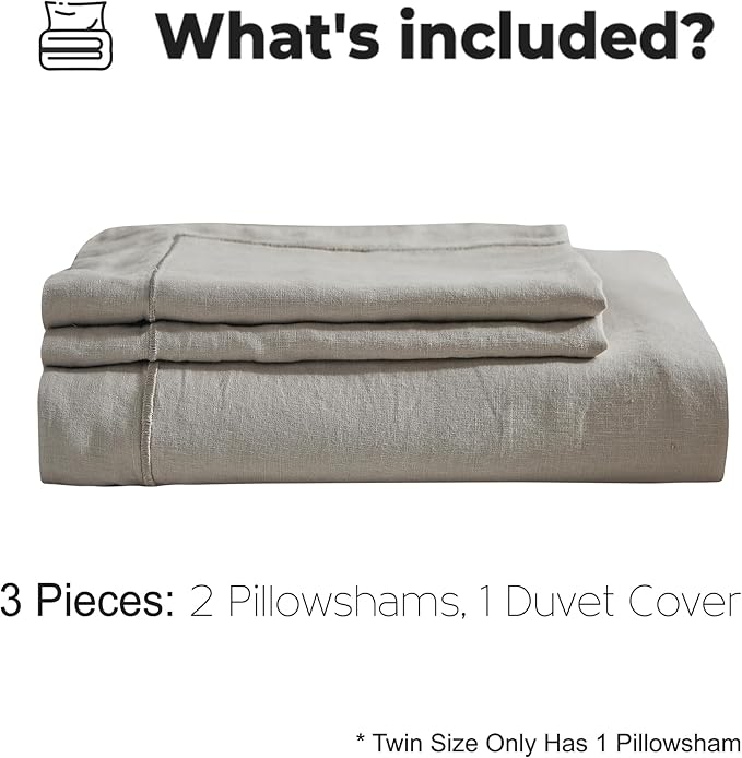 Simple&Opulence 100% Washed Linen Duvet Cover with Embroidered, 2 Pieces Soft Farmhouse Comforter Set with Button Closure,1 Duvet Cover and 1 Pillowsham(Twin,Light Grey)