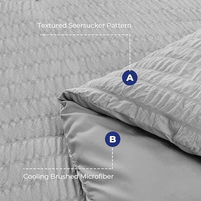 HYMOKEGE Light Grey Twin Size Duvet Cover, Ultra Soft 2-Piece Seersucker Duvet Cover Set with Zipper Closure, Soft Brushed Microfiber Bedding Set with 8 Corner Ties (68"x90", 1 Pillowshams)