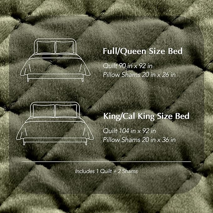 EVERGRACE Luxury Velvet Quilt Set Queen Size 3 Piece, Soft Cross-Stitch Velvet Comforter Set with Pillow Shams, Lightweight Coverlet Bedspread Bedding Set for All Seasons, Moss Green