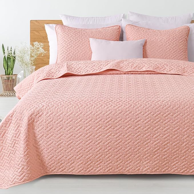 Exclusivo Mezcla Full Queen Size Quilt Bedspreads with Basket Weave Pattern, Soft Lightweight Summer Quilts Bedding Set Coverlets Bed Cover for All Seasons, Blush Pink