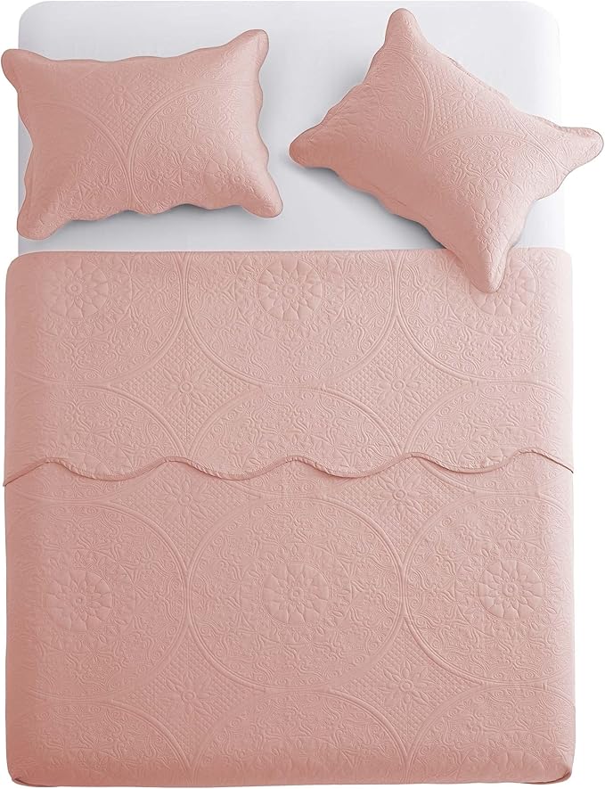 IR Imperial Rooms Queen Quilt Bedding Set Size (90" x 96") + 2 Pillow Shams (20" x 26"+ 2") - 3 Pcs All Season Lightweight Reversible Microfiber Coverlet Floral Embossed Quilt Bedspread (Baby Pink)