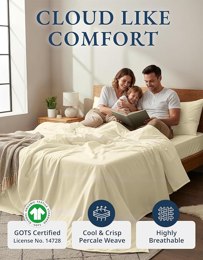 LANE LINEN 100% Organic Cotton Sheets King Size - 4 Pc Bed Sheets King Size, Soft & Breathable Cotton Sheets Set, Percale Sheet & Pillowcase Sets, deep Pocket Sheets Set - Natural