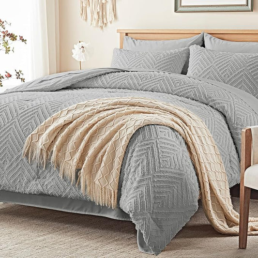 Zzlpp King Comforter Set 7 Pieces, Light Grey Tufted Bed in a Bag with Comforter and Sheets, All Season Boho Bedding Sets with Comforter, 2 Pillow Shams, 2 Pillowcases, 1 Flat Sheet, 1 Fitted Sheet
