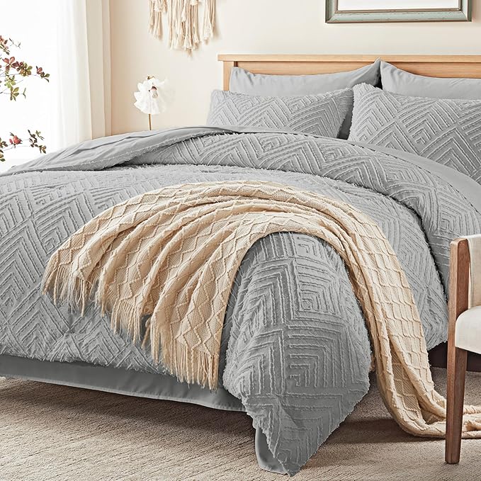 Zzlpp Twin Comforter Set 5 Pieces, Light Grey Tufted Bed in a Bag with Comforter and Sheets, All Season Boho Bedding Sets with 1 Comforter, 1 Pillow Sham, 1 Pillowcase, 1 Flat Sheet, 1 Fitted Sheet